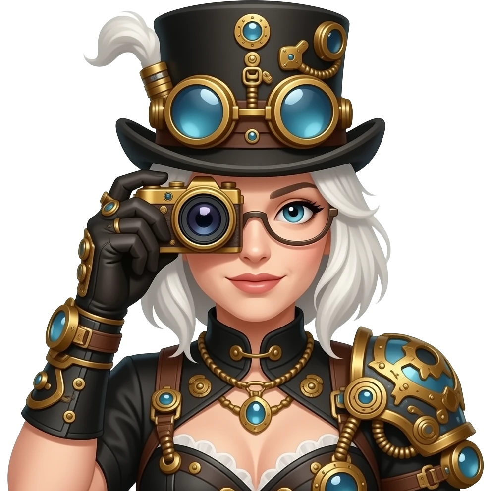 steampunk white haired lady with a camera to her eyes wearing a steampunk top hat emoji