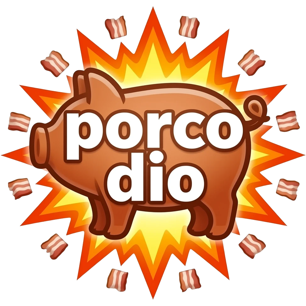 large font size text "porco dio" with a pig outline in the background, explosion, fire, bacon emoji