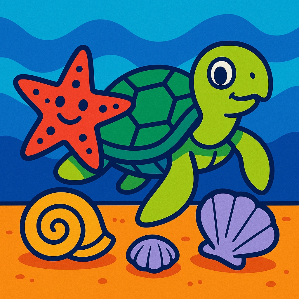 turtle, starfish, and shells together in vibrant toon style emoji