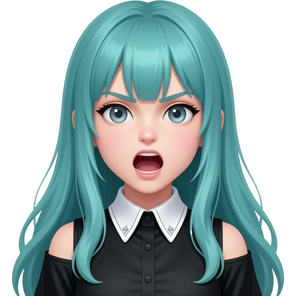 girl, yelling, mad, long flowing teal hair, grey eyes, black shoulder cyberpunk blouse with fancy white collar emoji