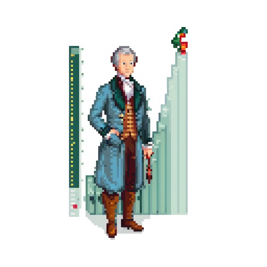 Thomas Malthus in pixel art style, 18th-century attire, standing next to a graph showing population growth emoji