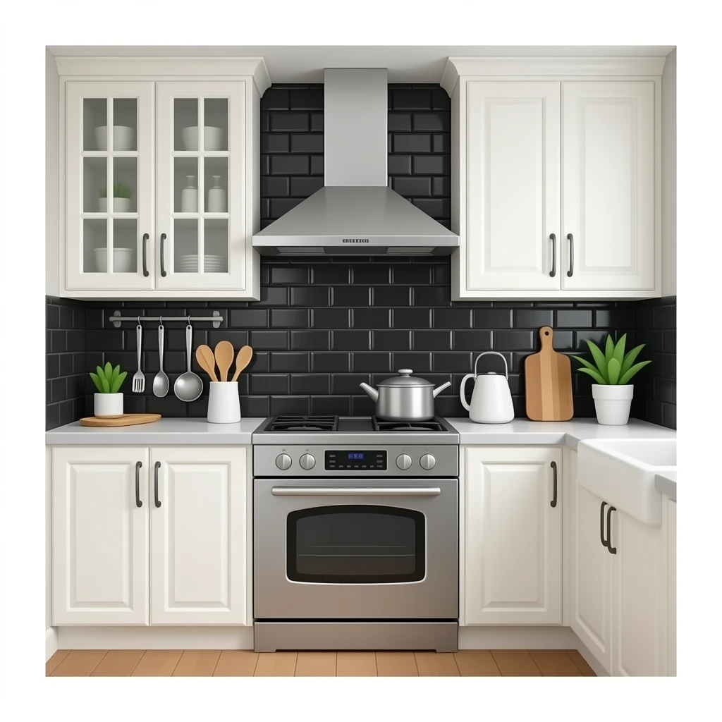 fancy kitchen with black wall tiles emoji