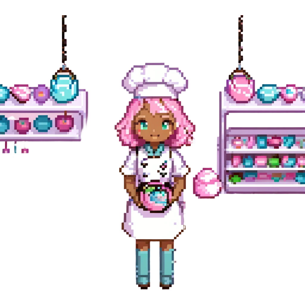 A whimsical candy-themed baker standing in a pastel pink confectionery lab. The walls are made of bubblegum bricks, the countertops shimmer like strawberry frosting, and the air sparkles with powdered sugar mist. The baker is extravagantly adorned: licorice swirls as shoul emoji