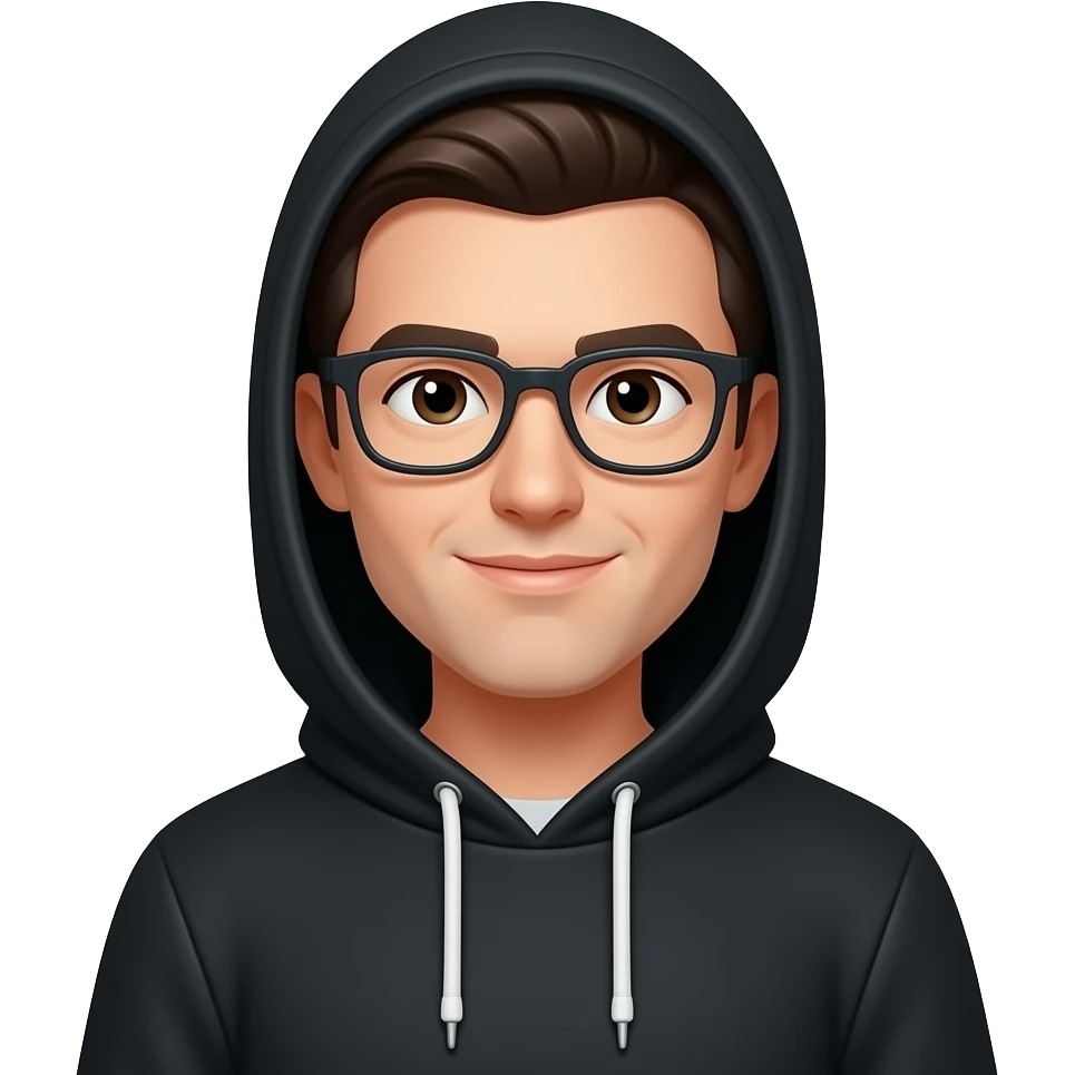 full stack developer, wear a black hoodie, glasses emoji