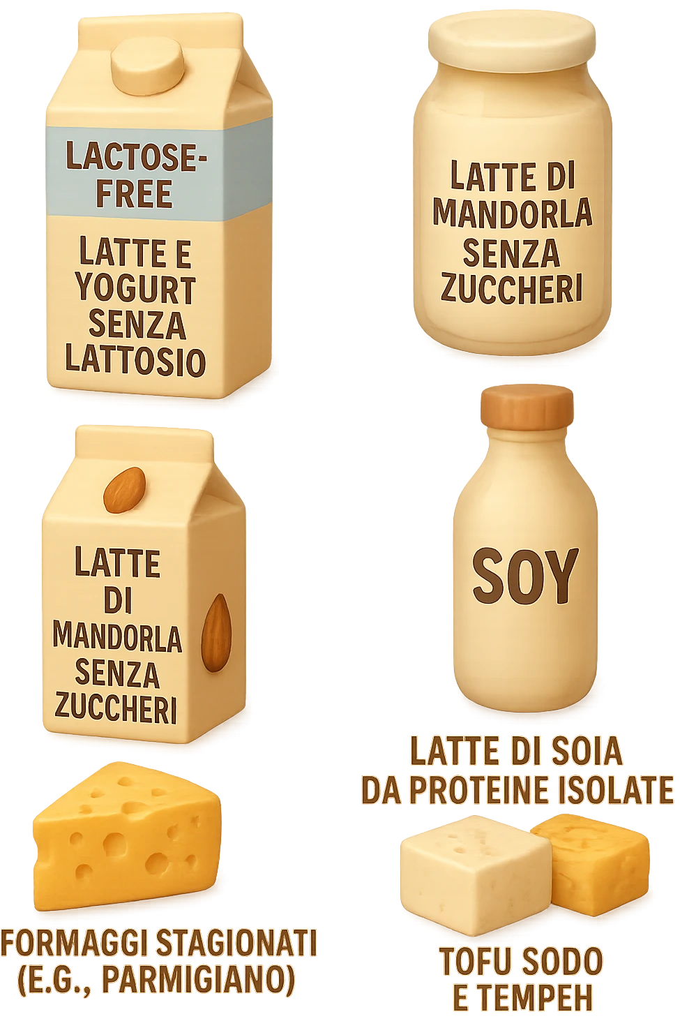 emoji stile iphone 3d di questi elementi che fluttuano in aria:

Latte e yogurt delattosati
Latte di mandorla (non zuccherato)
Latte di soia da proteine isolate
Formaggi stagionati (es. parmigiano)
Tofu compatto e tempeh
 che fluttuano in aria,  le etichette scrivile in italiano, iperealistico 4k emoji