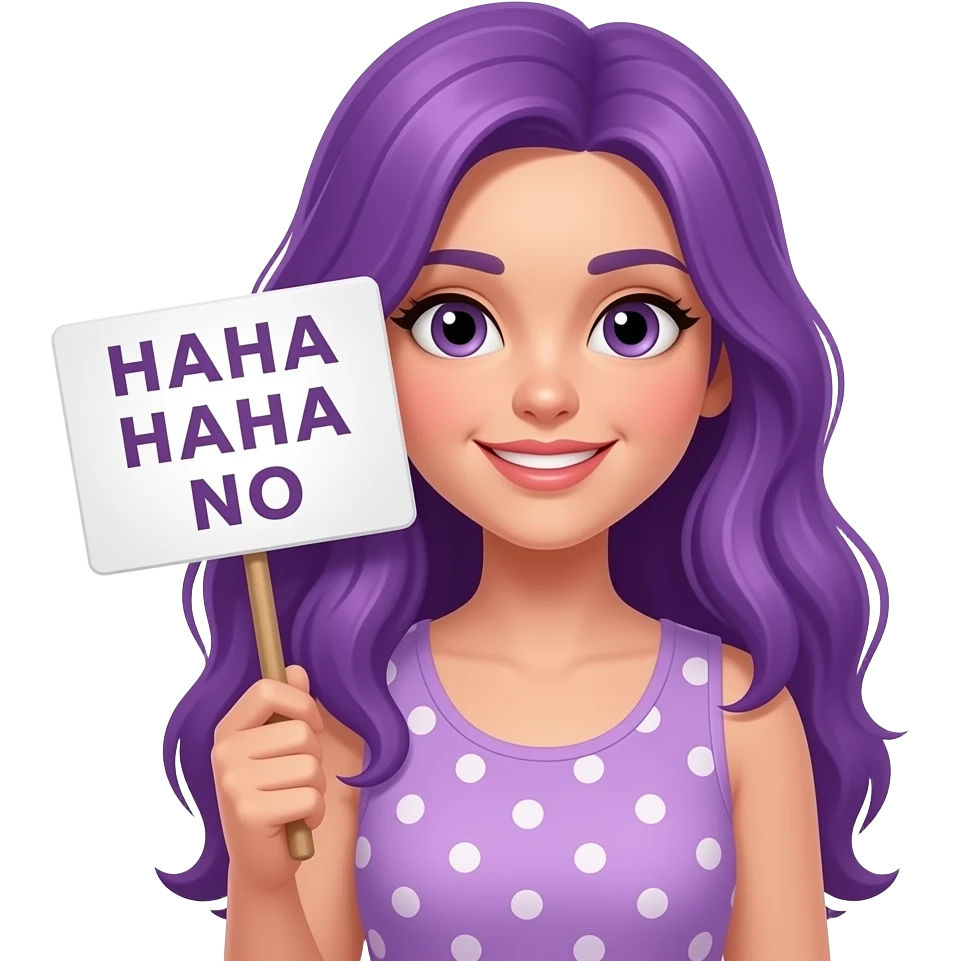 girl with long purple hair holding a HAHA HAHA NO sign emoji