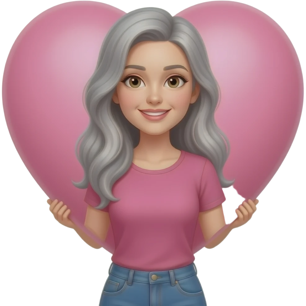 grey long hair on the side -lady -holding a huge pink heart emoji