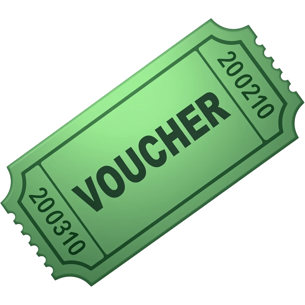 an emerald green cinema ticket . The ticket has rounded edges and perforated sides, with bold dark text reading “VOUCHER” in the middle. Subtle embossed details and serial numbers are visible on both sides of the ticket emoji
