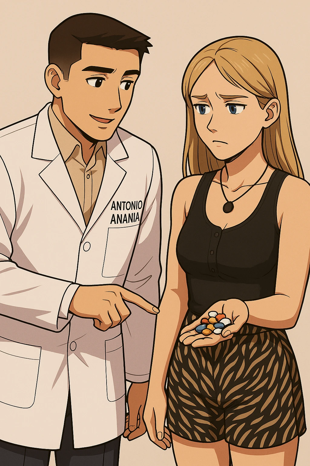 fai un webtoon/manga a colori con questo kinesiologo in camice bianco (fagli la scritta "ANTONIO ANANIA" SUL CAMICE) CHE PARLA CON QUESTA RAGAZZA CON GLI OCCHI AZZURRI. LA RAGAZZA HA UN PUGNO DI INTEGRATORI IN MANO (TANTE PILLOLE DIVERSE) E LE GUARDA DUBBIOSA. IL KINESIOLOGO CON IL CAMICE BIANCO LE TOCCA LA PANCIA CON UN DITO. NON FARE I FUMETTI, FAI SOLO LORO COME SE DIALOGASSERO emoji