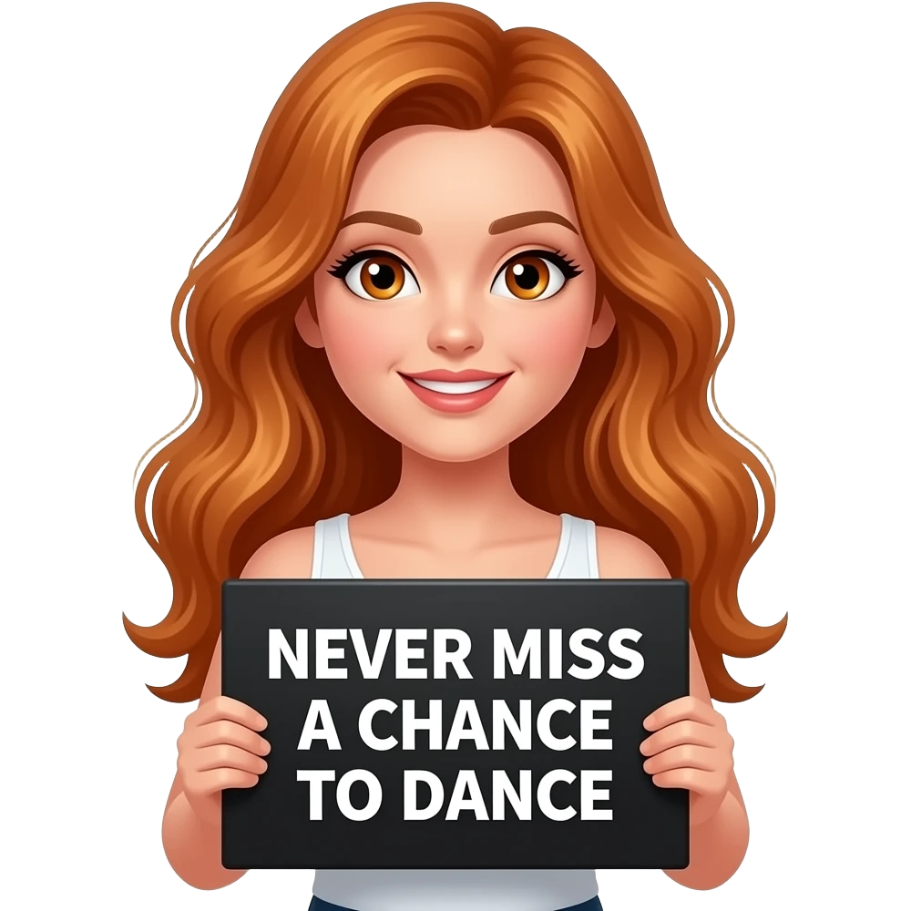 sexy girl with long wavy ginger hair and ginger eyes wearing a white tanktop is holding a black colored sign with NEVER miss a CHANCE to DANCE written on it emoji