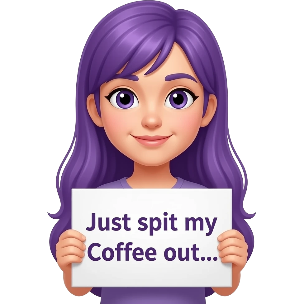 girl with long purple hair holding a Just spit my Coffee out... sign emoji