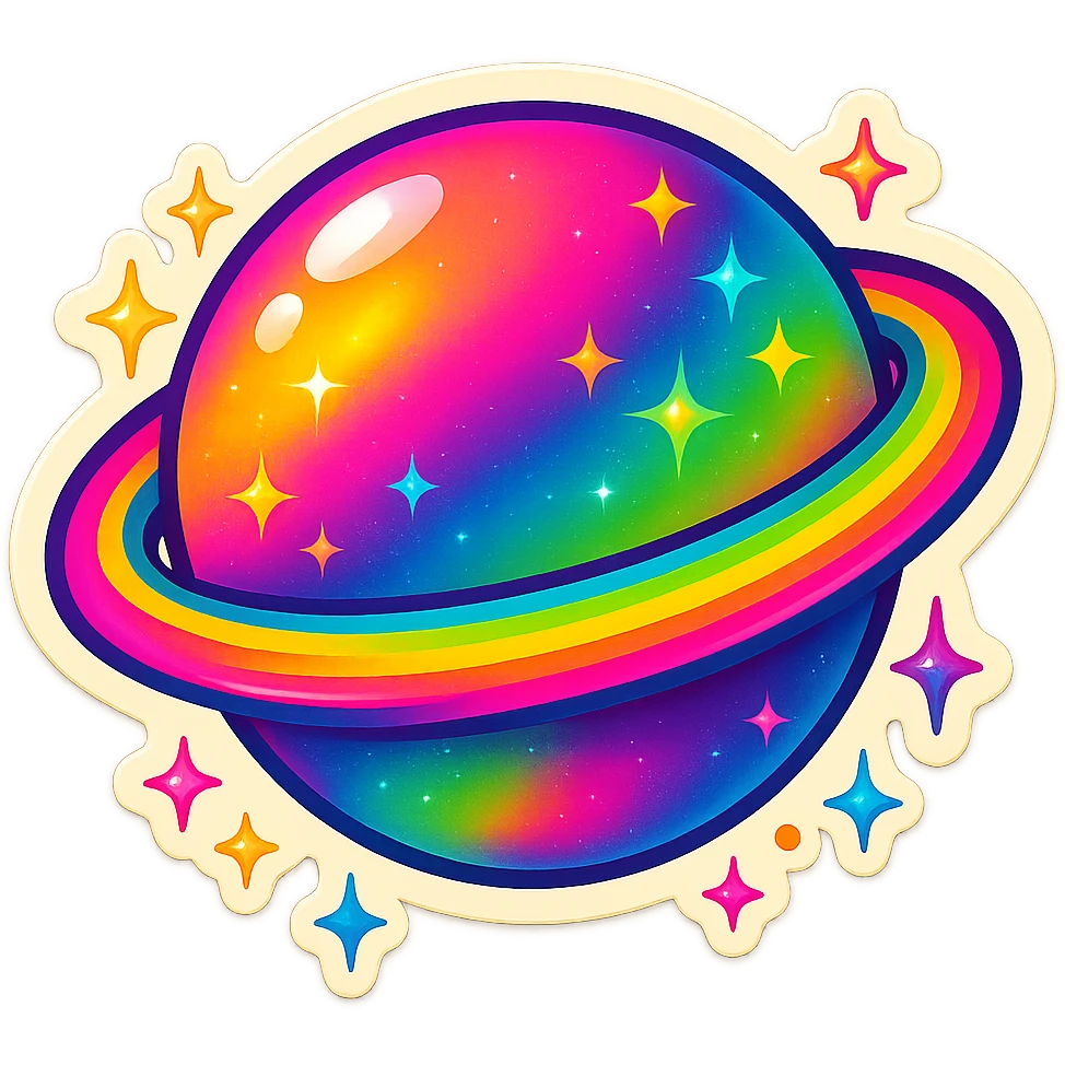 Lisa Frank style planet, vibrant colors, sparkles, rainbow accents, emoji style emoji