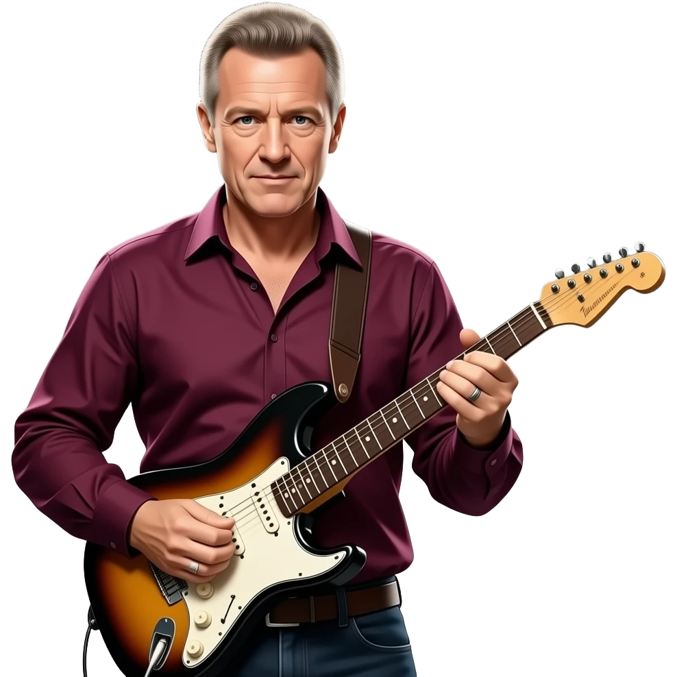 guitarist Mark Knopfler in a dramatic playing pose, burgundy, luxurious shirt - backlit by spotlights emoji