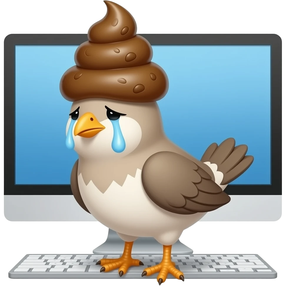 Create a shit bird emoji. It should have the body of a bird and a pile of poop as head. It should be sad and crying. The background should have a personal computer. The. Ire’s head should be replaced as a pile of poop emoji