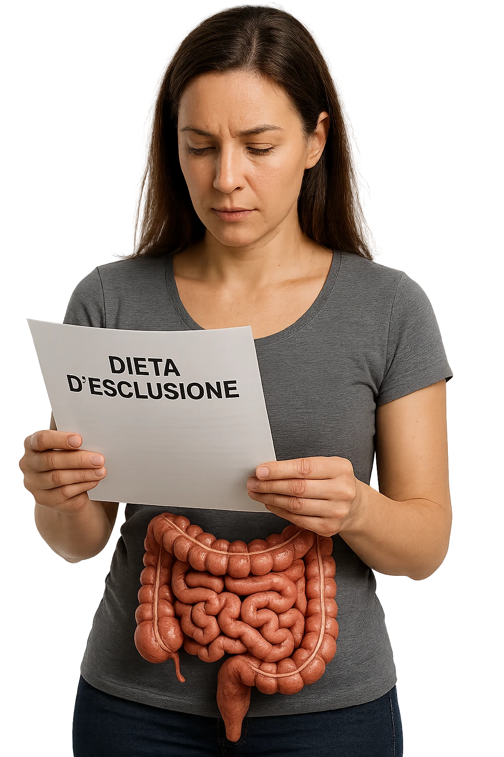 donna con intestino umano anatomico in evidenza che legge un foglio con la scritta "DIETA D'ESCLUSIONE, iperrealistica 4k emoji
