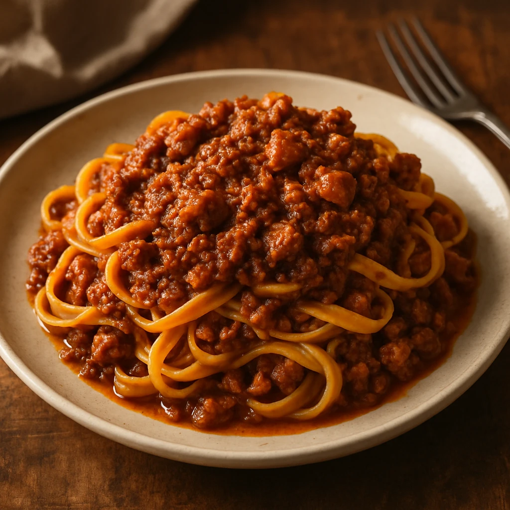 plate of pasta with rich bolognese sauce and diced meat, inviting, no text emoji