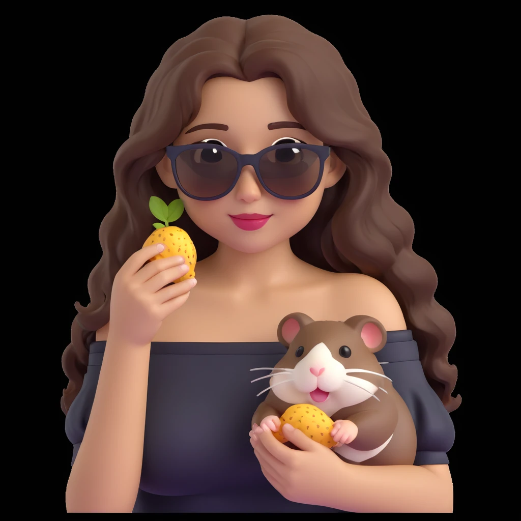 clean cheerful emoji of a young woman with medium skin tone, long wavy dark brown hair, black off-shoulder top, expressive warm eyes, soft smile, playful hamster in tiny sunglasses munching a seed on her shoulder, soft neutral color background, relaxed confident joyful vibe emoji
