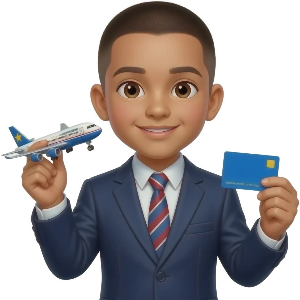 hispanic kid with a bowl cut wearing a suit holding an airplane and a card emoji