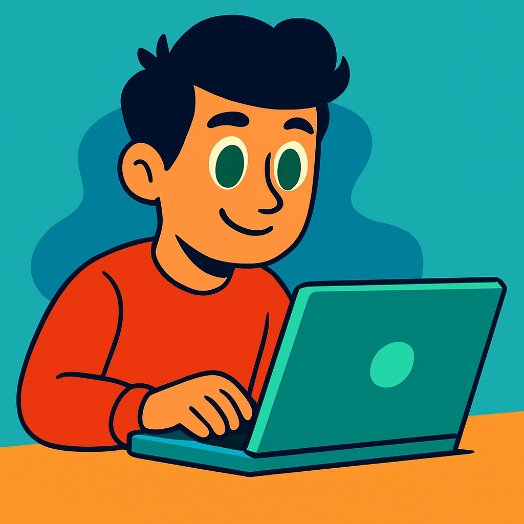 Change the man's hairstyle to a different style, keep him with dark hair and green eyes working on a laptop, vibrant cartoon style, simple background. emoji