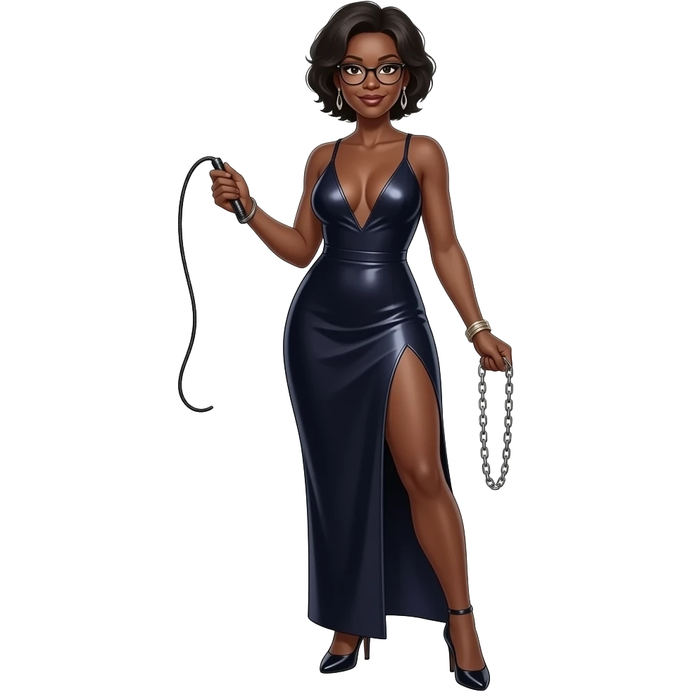 femme africaine dominatrice tres mince et tres  noire visage 50 ans fin lunettes debout robe decolletee profond fluide fendue  une jambe nue passant dans la fente fouet souple dans la main chaine dans la main droite droite talons aiguilles debout emoji