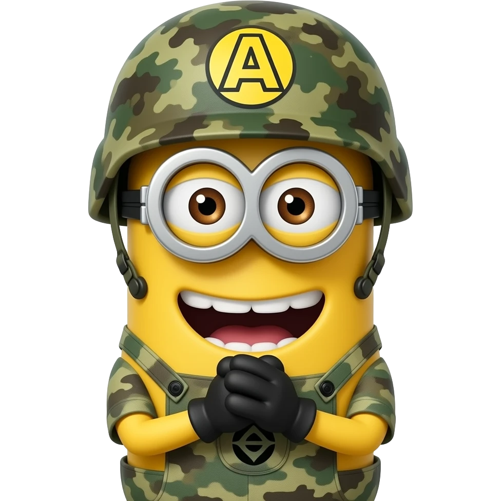 Minion in army uniform  aOT on helmet giggling with hands to mouth text above Khi Khi Khi emoji
