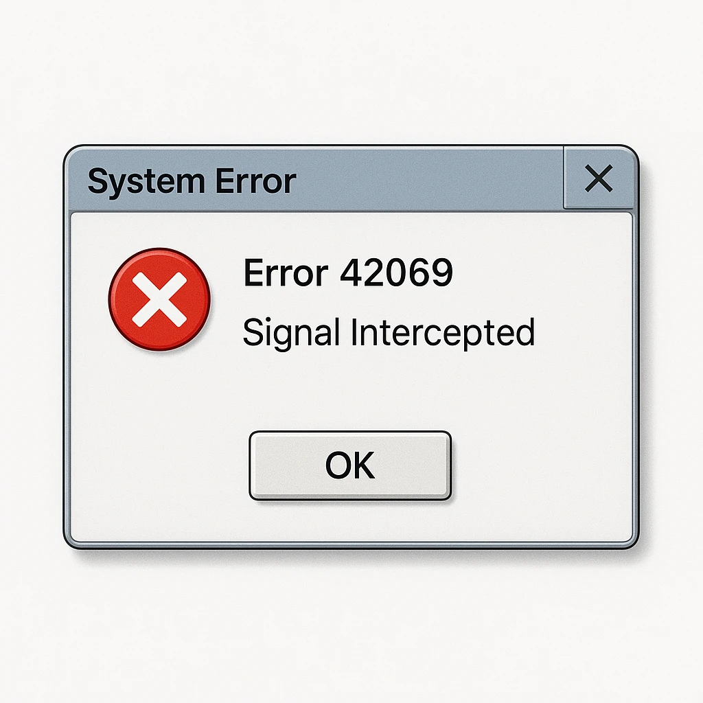 realistic system error dialog box with 'Error 42069' and 'Signal Intercepted', mimicking a Windows or MacOS alert, with crisp interface details emoji