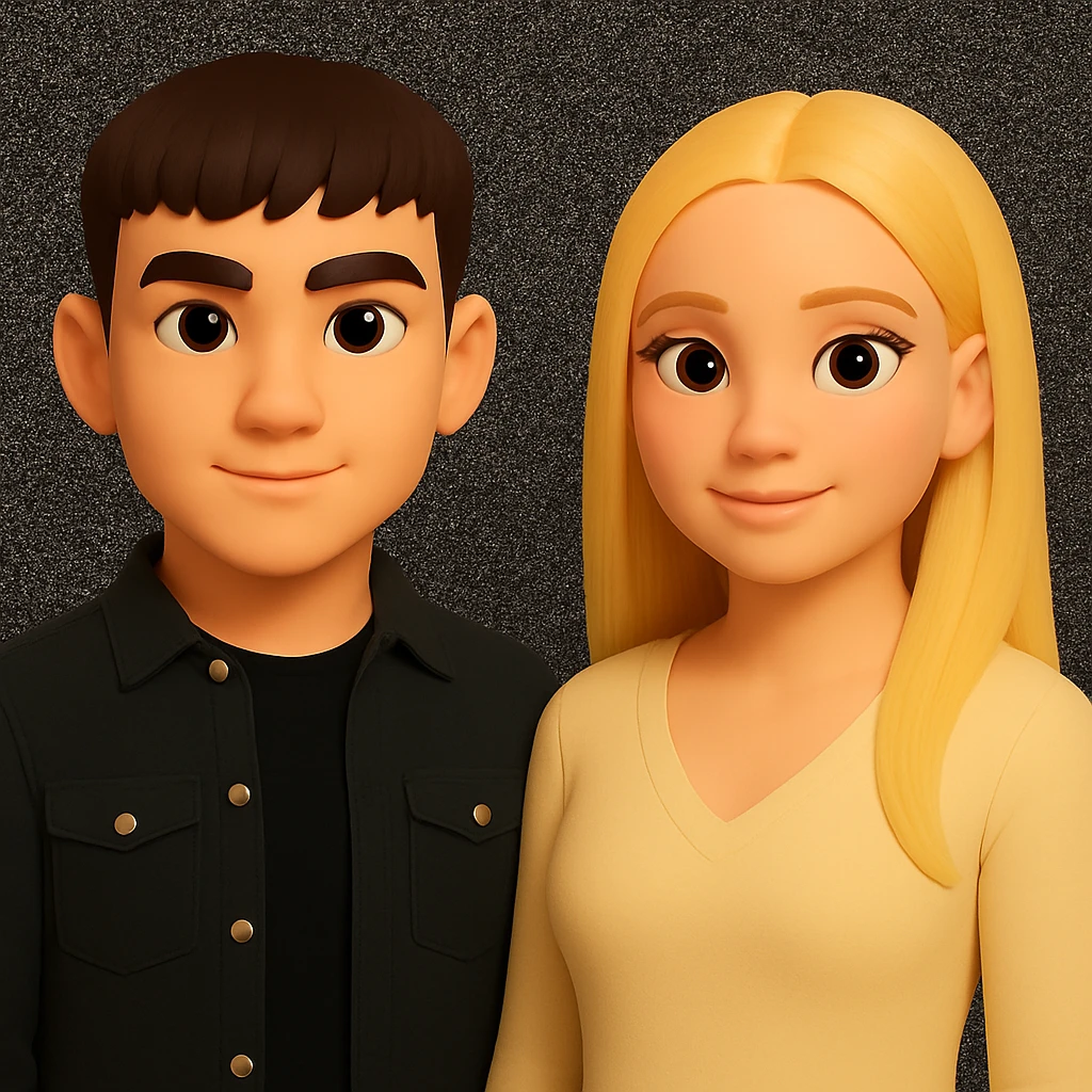 Make the people in the image stand slightly farther apart from each other while preserving the original style and background. emoji