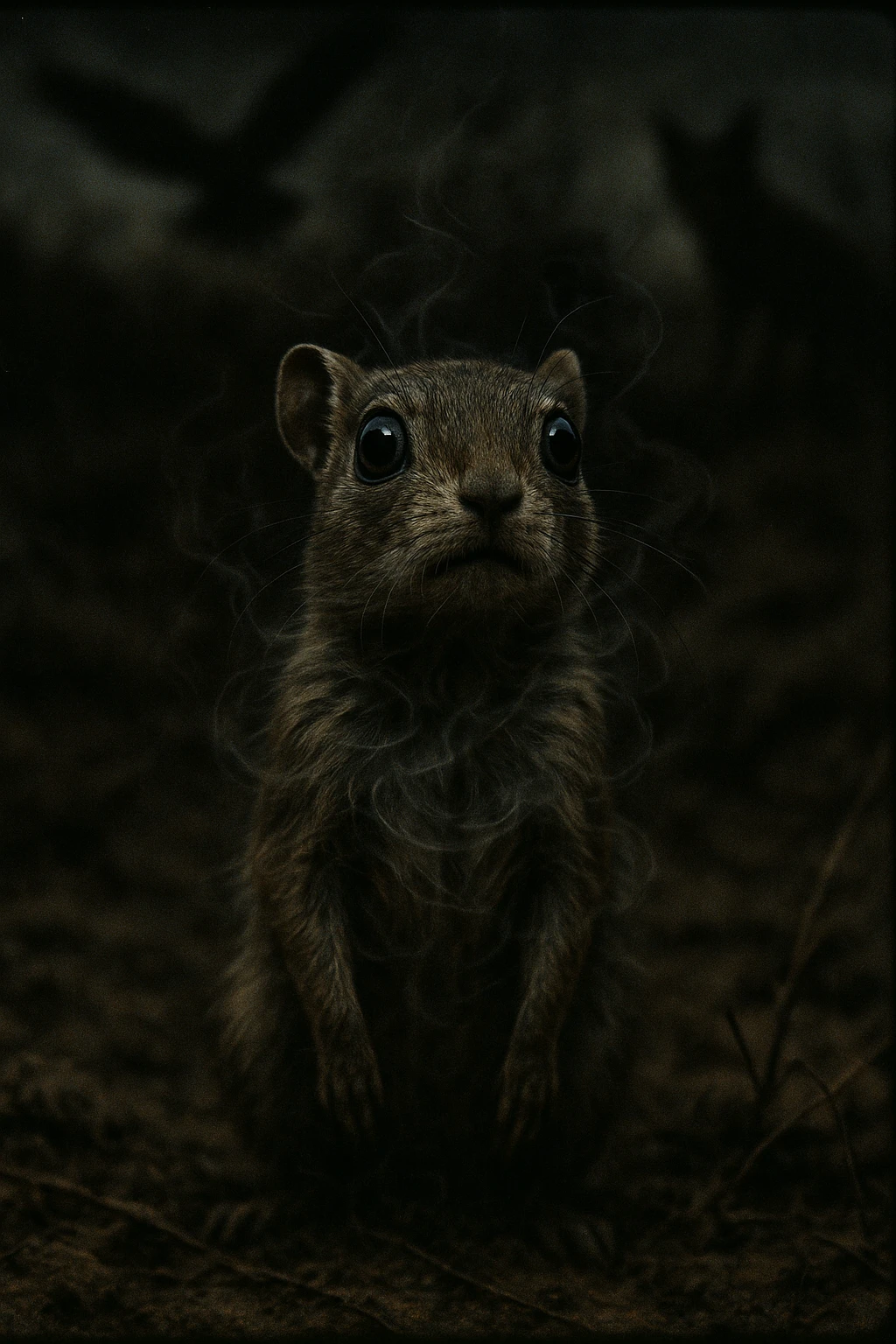 A hyperrealistic, cinematic illustration of a small wild animal, such as a rabbit or a meerkat, with wide, alert eyes and tense body posture, standing in a dry, rugged environment with predators lurking in the shadows. The animal's chest is visibly rising and falling rapidly, representing short, shallow breathing due to constant fear and vigilance. The background is dimly lit, with faint shadows of predators like hawks or foxes barely visible, symbolizing the ever-present threat. Around the animal, subtle visual representations of tension and stress appear as tight, dark rings or smoke near its chest and head, while the environment feels heavy and oppressive. The color palette is muted earth tones, with sharp focus on the animal’s tense face and rapidly moving chest, while the environment around is slightly blurred, emphasizing the feeling of isolation and perpetual fear. The style is 35mm film hyperrealistic with a storytelling, National Geographic documentary aesthetic, capturing the concept of an animal constantly living in fight-or-flight, breathing fast and shallow to survive emoji