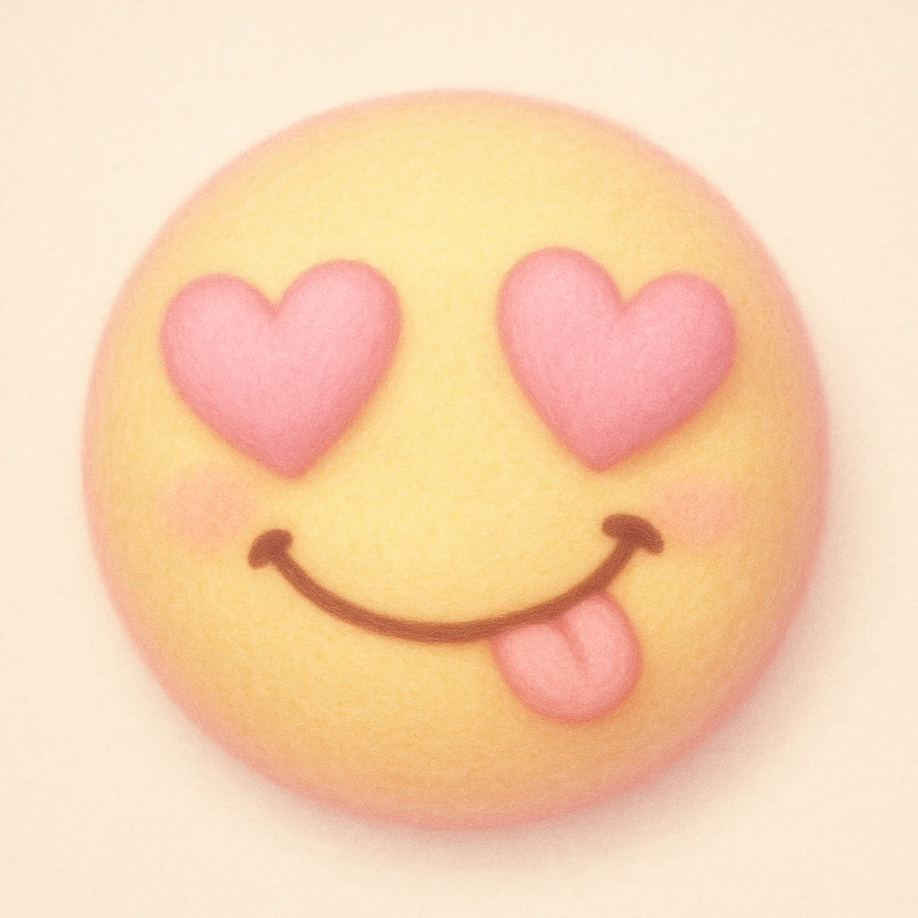 cute emoji, heart eyes, playful grin, pastel pink and yellow emoji