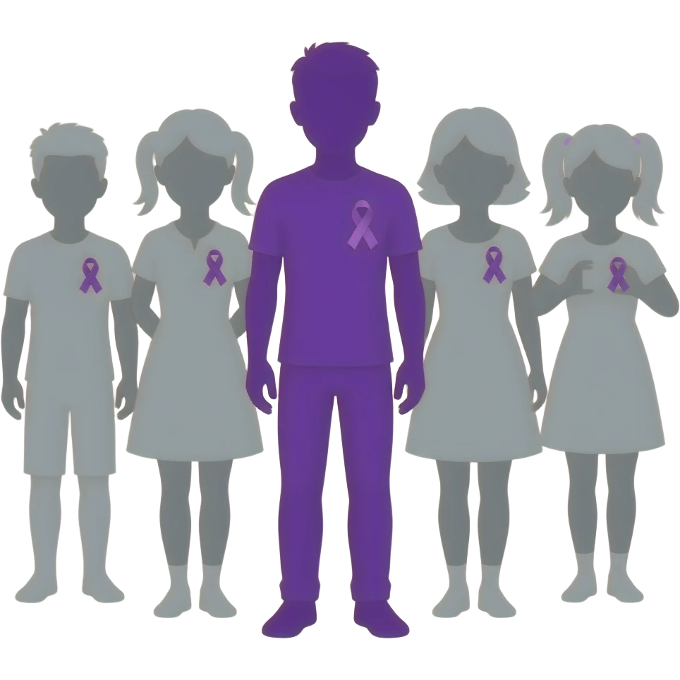 iOS-style emoji: group of human silhouettes (boys and girls) taking a photo, each wearing a small purple ribbon for fibromyalgia awareness, with one silhouette fully purple standing out, soft gradients, cute and minimal, transparent background emoji
