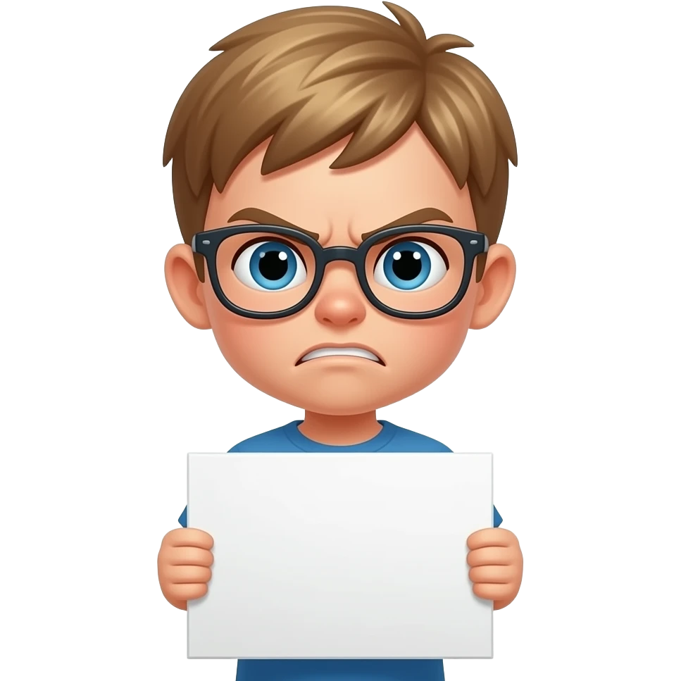 Angry 9 year old with blond/brown haired boy with glasses that has a sign emoji