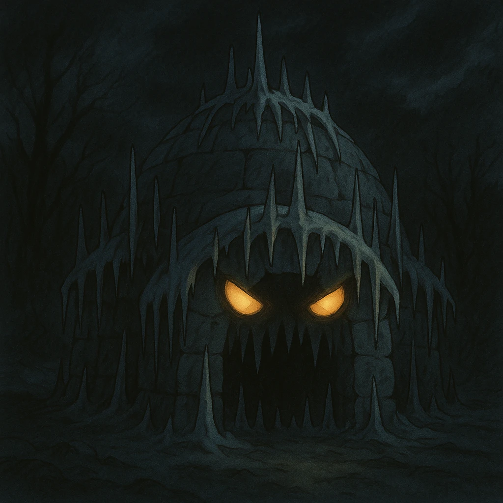 a scary igloo with sharp icicles and glowing eyes, spooky style, eerie atmosphere, dark tones emoji