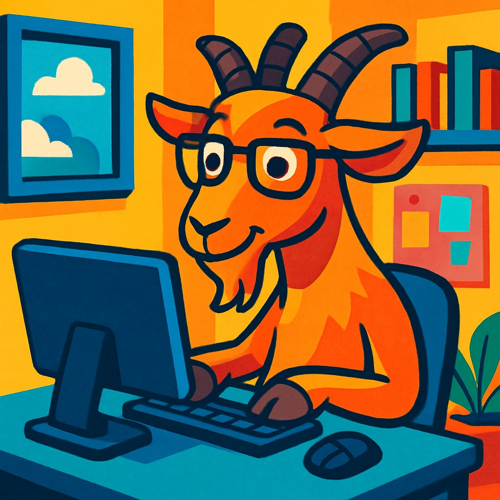 goat with glasses working on a desktop computer, vibrant toon style, detailed and playful emoji
