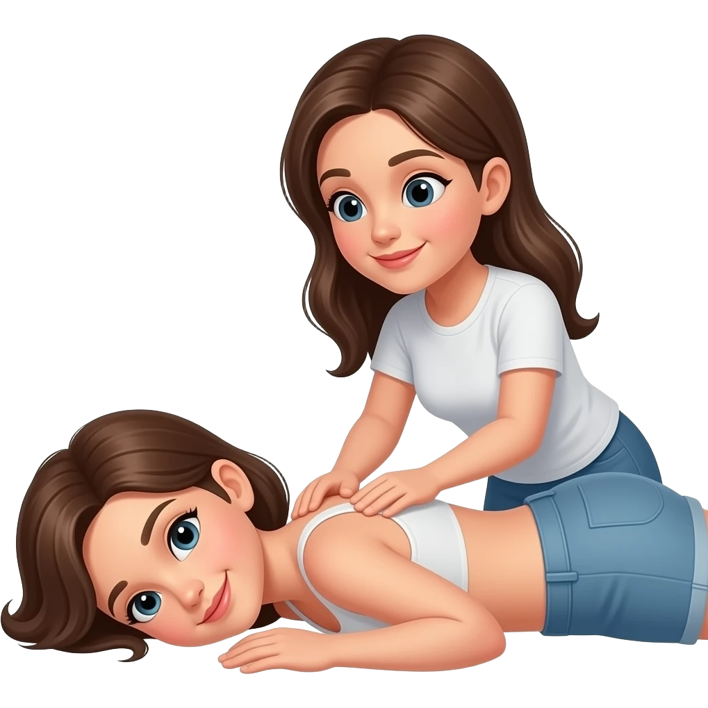One girl is lying face down while another girl is giving her a massage emoji