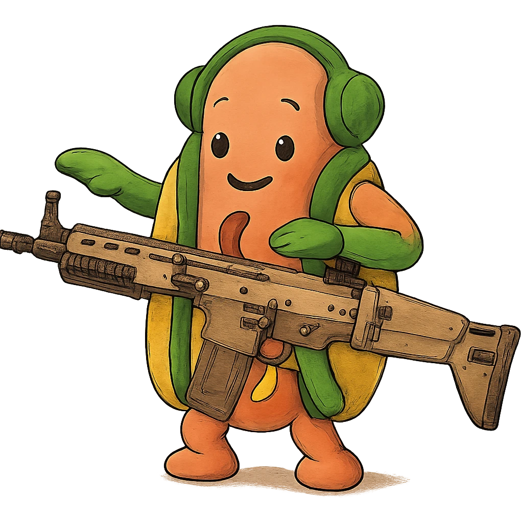 The tiktok dancing hotdog, except he has a scar12 battle rifle  emoji