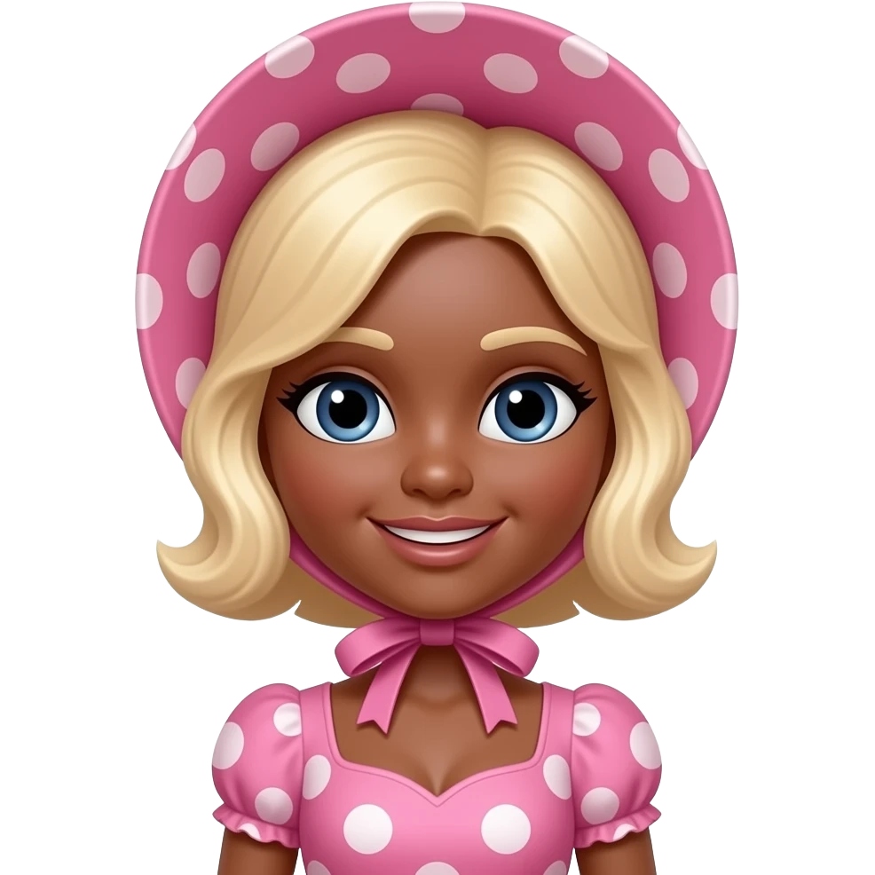 Bo peep hat  bonnet, Dark brown eyebrows,Bo peep girl, Dark brown skin, Doll shaped face, doll eyes, pink, wavy with side part longer blonde hair, sexy pink Bo peep dress with  white polka dots emoji