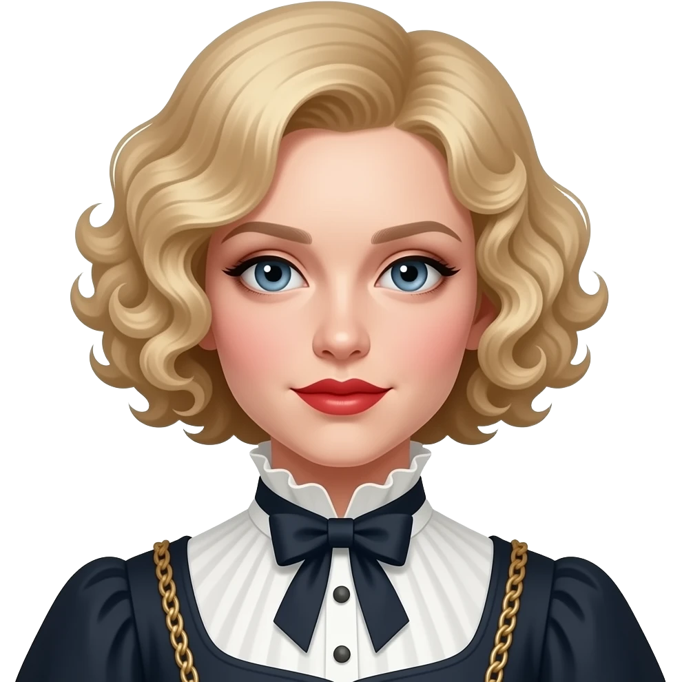 Victorian look with blonde short tight curls bob hair side swept, Victorian outfit with red lipstick emoji