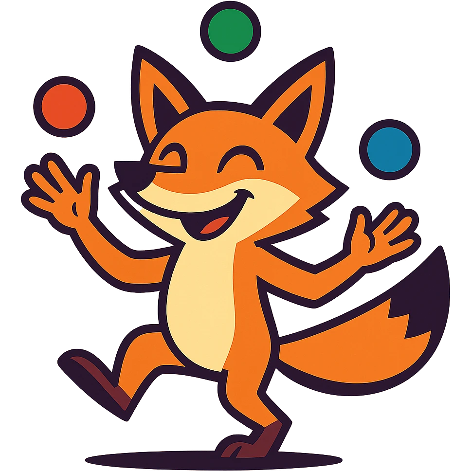 clever fox juggling, vibrant toon style emoji