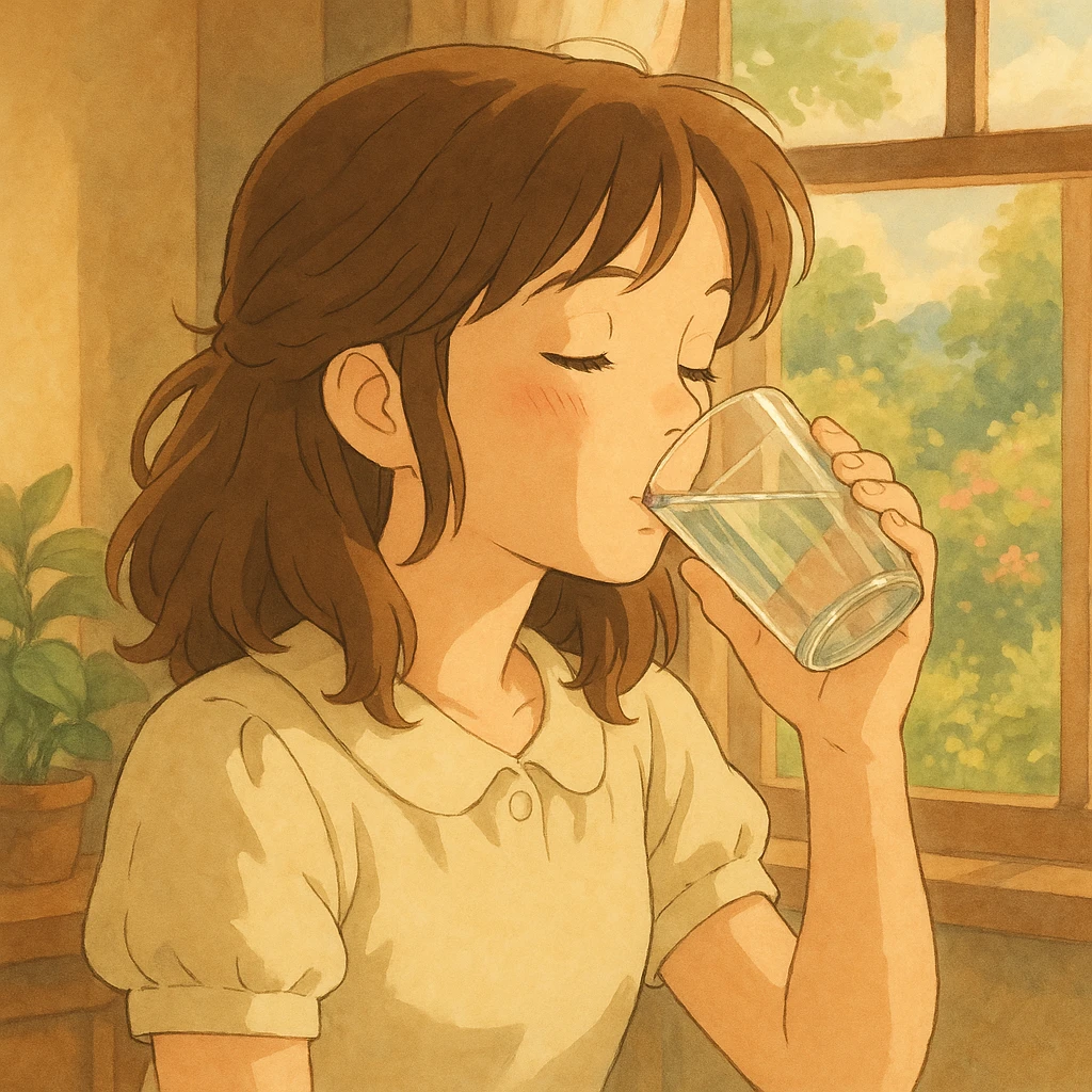 girl drinking water, soft colors, gentle expression emoji