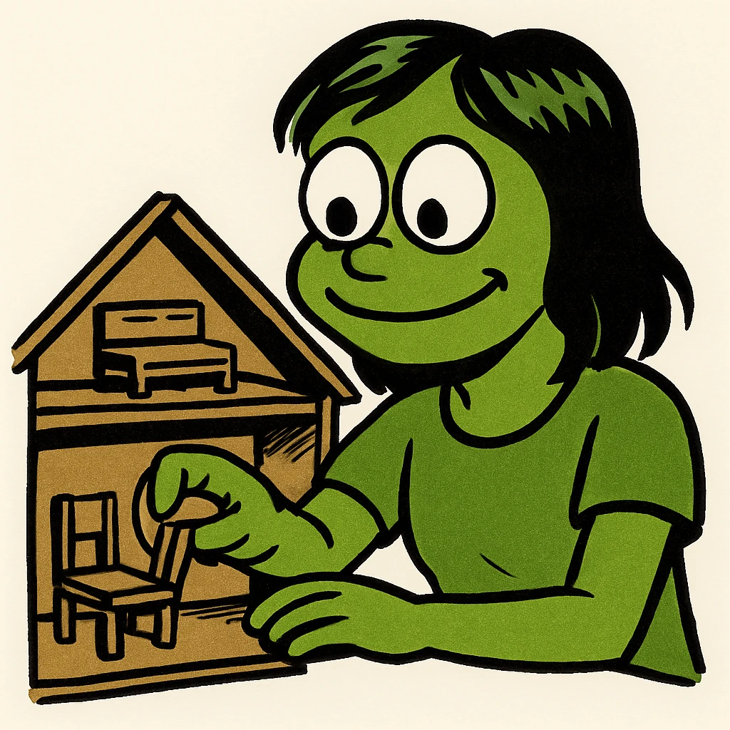 smiling girl arranging furniture in doll house emoji