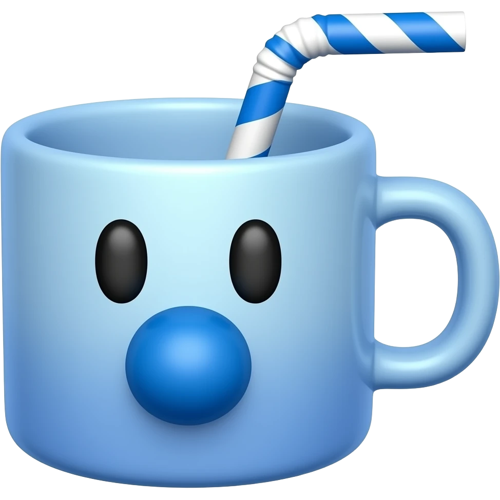 3D emoji kupa fincan, mavisi renk, büyük yuvarlak mavi burun, fincanın içinde mavi-beyaz düz pipet, parlak porselen dokusu, beyaz arka plan, yüksek çözünürlüklü render emoji