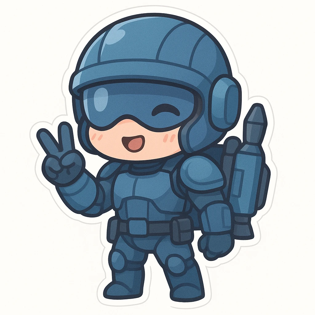 chibi sticker of a sci-fi soldier in a mostly blue uniform, jetpack on back, making a peace sign, adorable expression, white background emoji