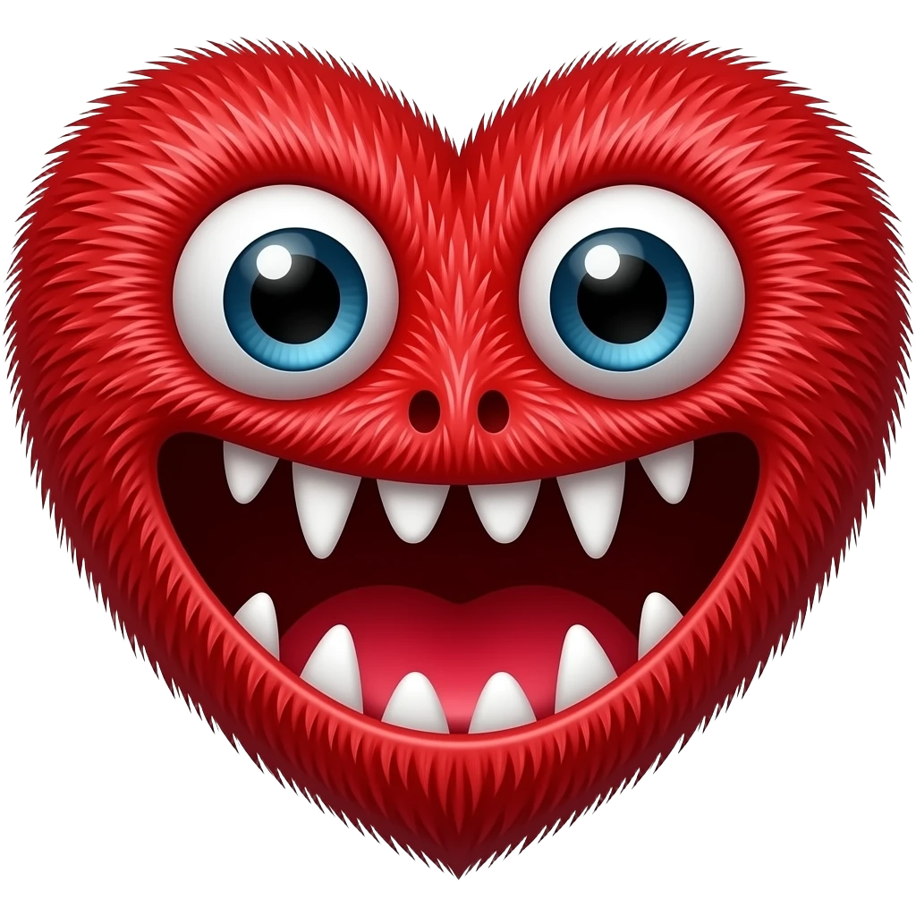 Crie o emoji de um monstro com a cara no formato de coração vermelho com ema boca grosa e vermelha cheia de dentes aviados ela tem pelo e olhos grandes emoji