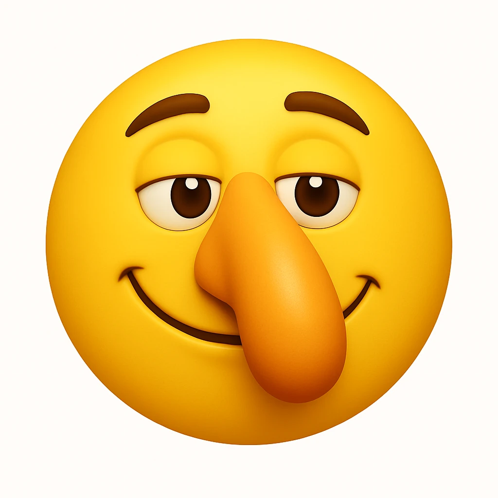 Create a yellow smiley face emoji with a large nose and the same facial expression as the reference image. The style should be 3D iOS emoji style, capturing the exact look and feel of the original emoji. Add a subtle highlight to the nose. emoji