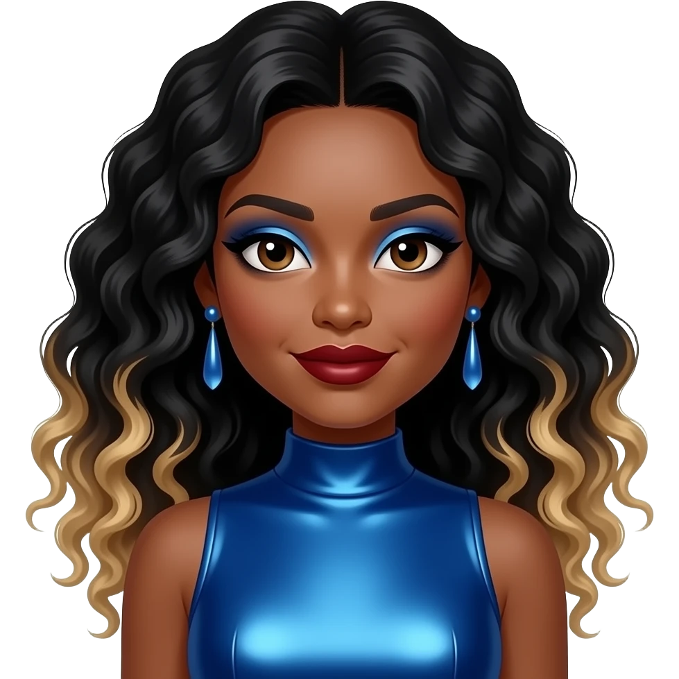 Natina Reed from Blaque with dark brown eyes, long black curly hair with blonde ombre, blue eyeshadow, dark red lipstick, blue metallic high neck dress, earrings emoji