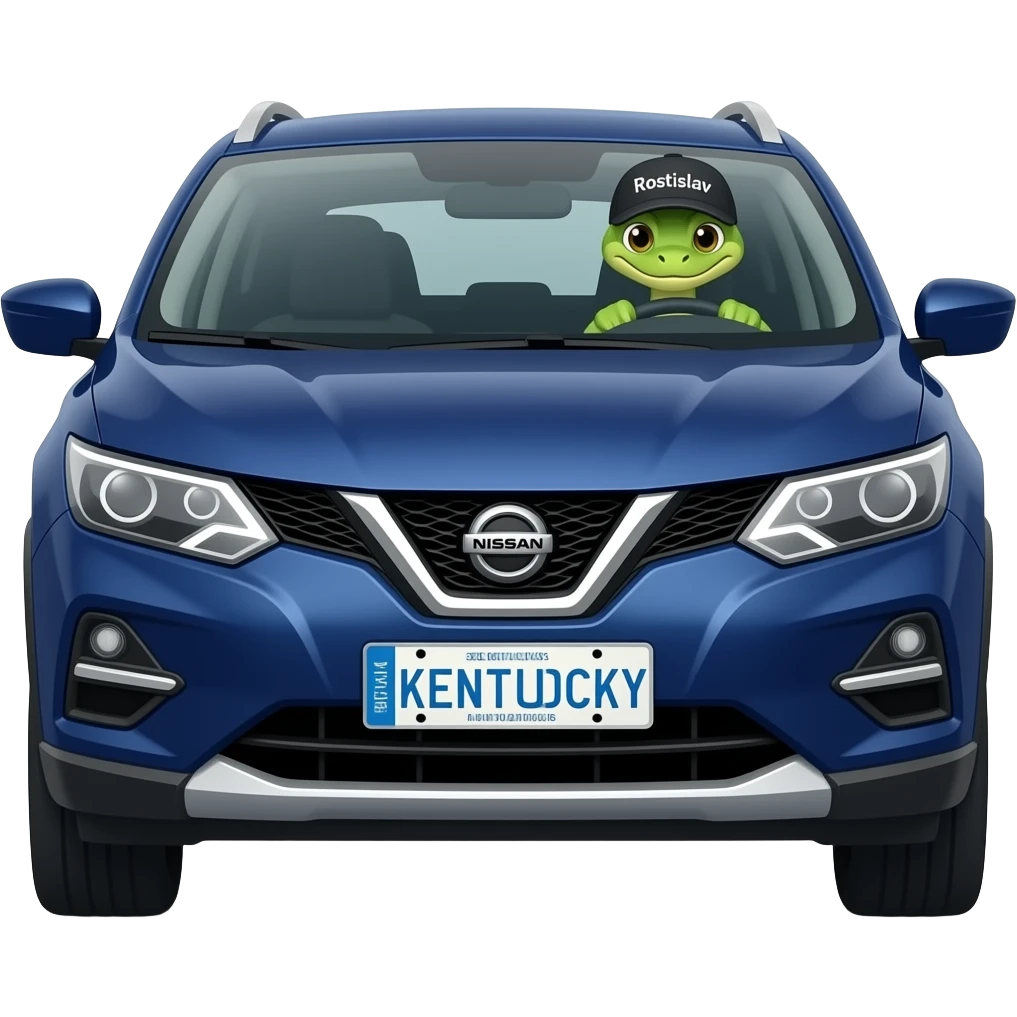 A snake in a cap with the inscription "Rostislav" is driving a dark blue Nissan Qashqai. The inscription is on a Kentucky license plate. emoji