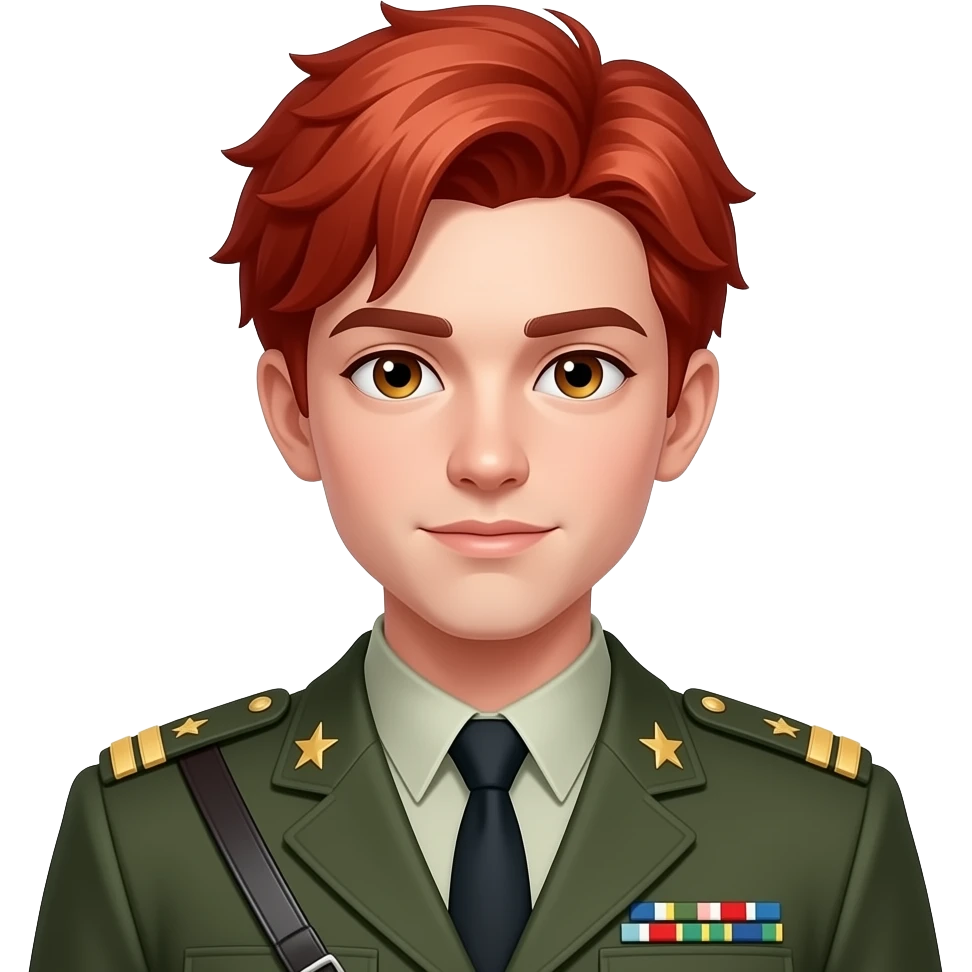 pure red haired cute male in military uniform, closeup , front facing emoji