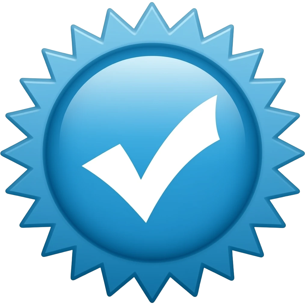 Blue starburst badge with a white checkmark symbol emoji
