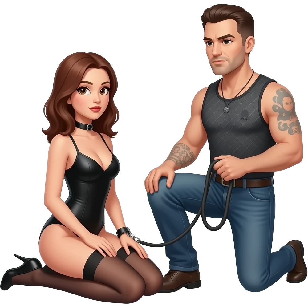 Soumise en laisse collier au cou a genoux au pied de son maître non barbu emoji