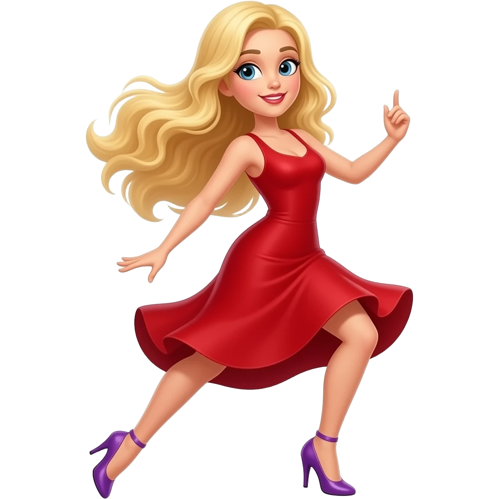 long blonde hair, dancing a tango in a red dress and purple heels emoji
